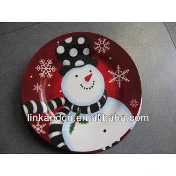KC-02537beautiful plate with snowman design,round ceramic pizza/cake plates